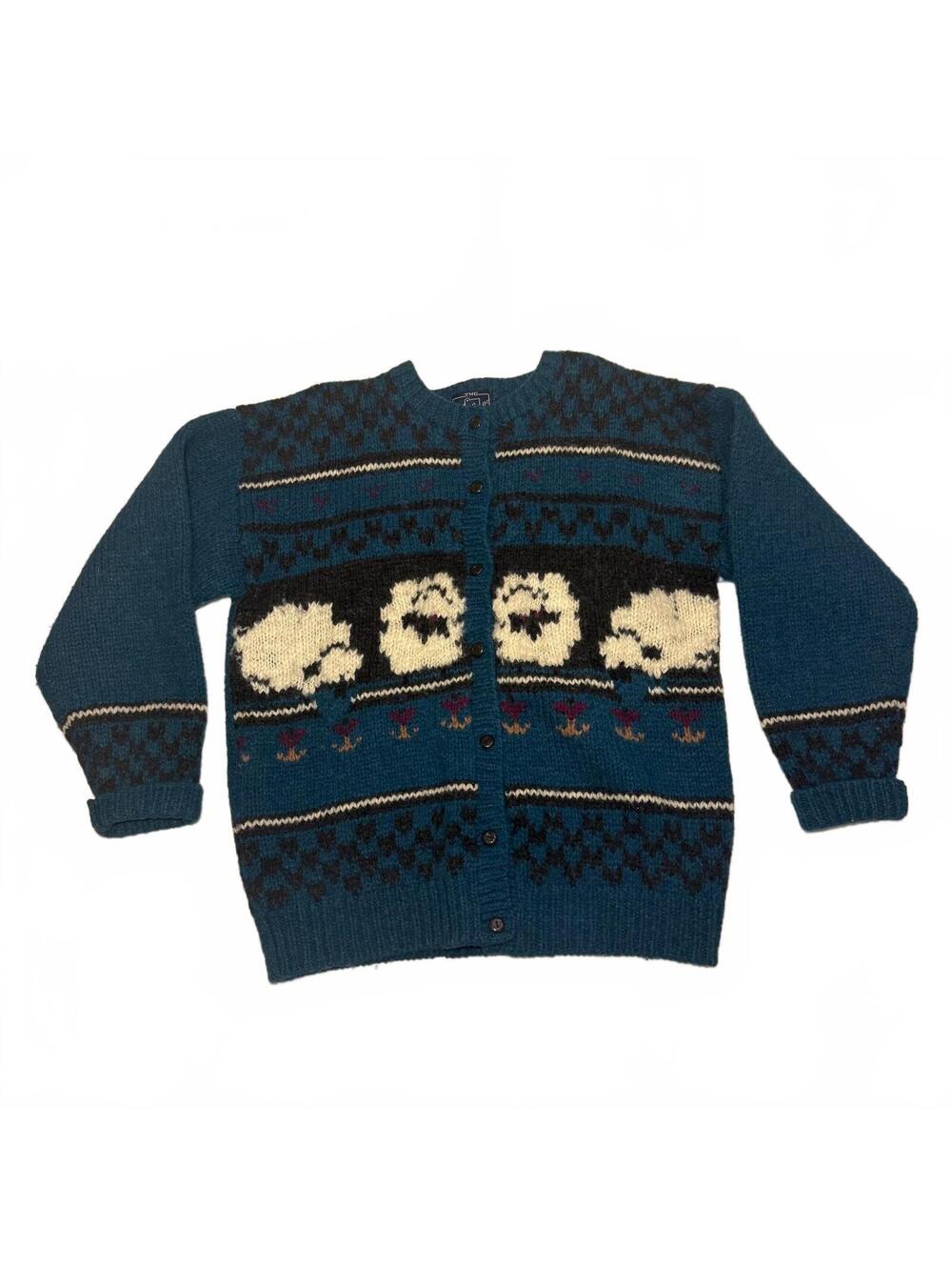Vintage Woolrich Woman 100% Wool Blue Cardigan Sheep Detail